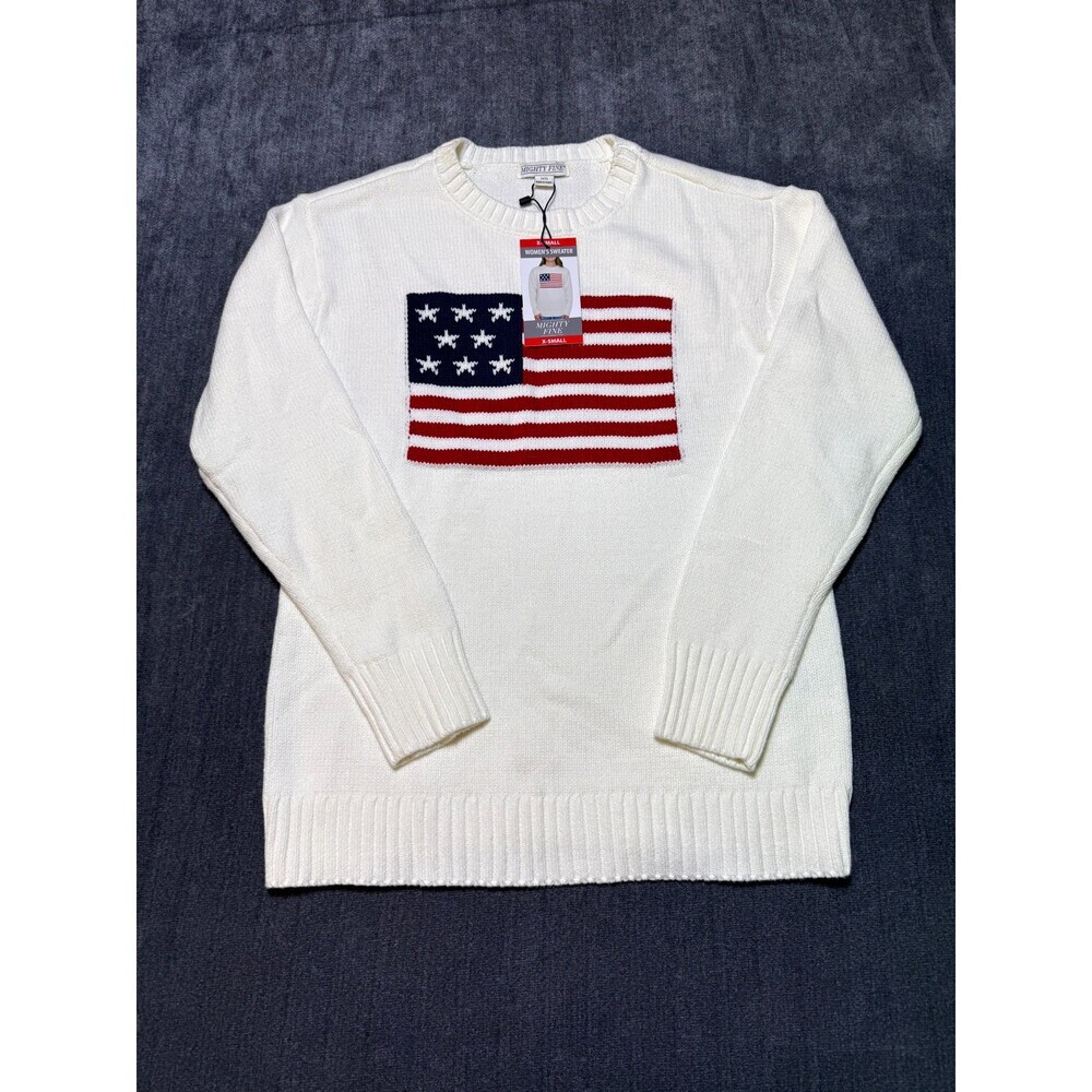 NWT Mighty Fine Americana Sweater Women's XS Cream Ribbed Trims Comfy Pullover